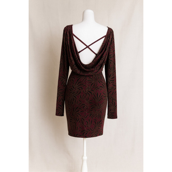 Windsor Burgundy Velvet Jeweled Mini Dress M Cowl Back  Bodycon Holiday Party - Picture 2 of 13